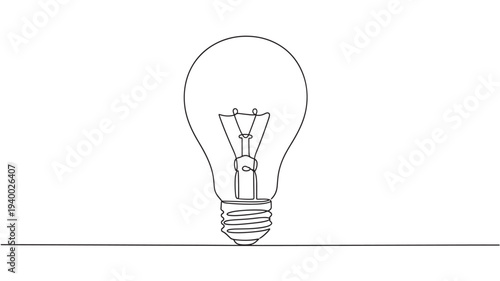 Light bulb single line drawing with filament and base on white background, minimalist concept. featuring idea, inspiration, illustration with simple