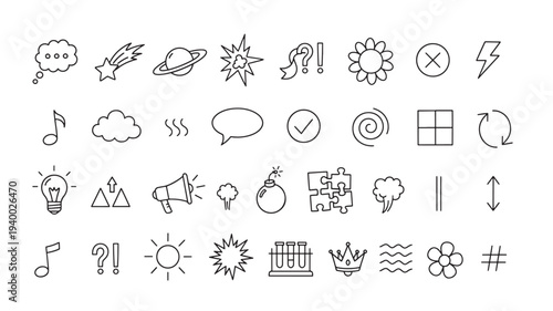 Icons hand drawn set with cartoon elements like a light bulb, planet, bomb, flower, and music note for design