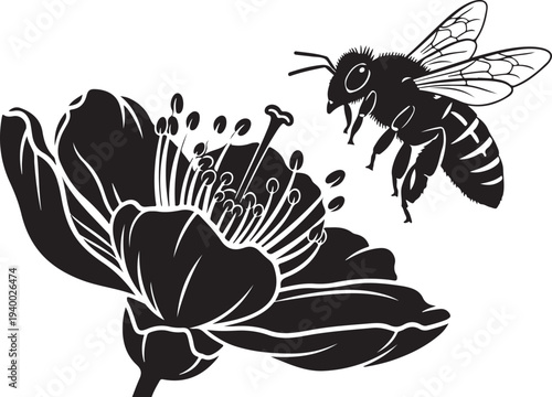 Black and white illustration of bee flying to flower