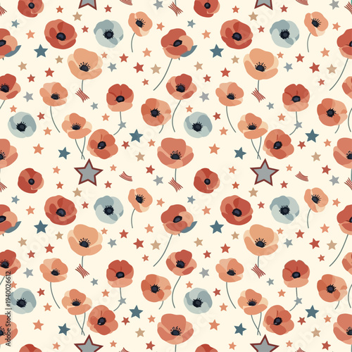Charming seamless pattern with stylized red, orange, and blue poppy flowers and scattered stars on a light background, evoking a delightful vintage or patriotic decorative design for various uses