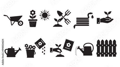 Gardening icons with a wheelbarrow, potted flower, sun, planting tools, hose, watering can, seeds, and fence.