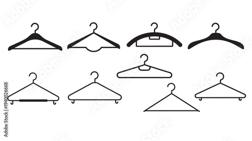 Hangers various styles collection with clean black line icons on a white background for clothing storage and organization