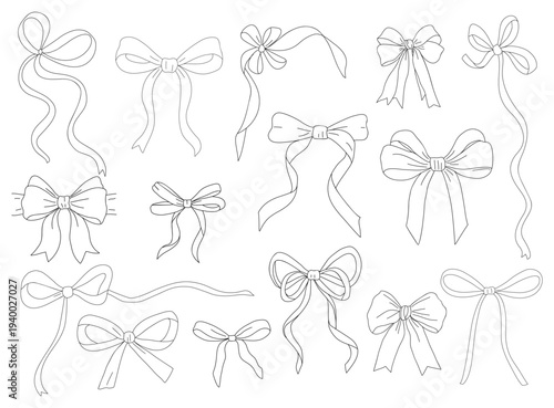 Set of hand-drawn ribbon bows in clean black line art. Decorative bow illustrations with varied shapes and flowing ribbon tails, perfect for crafts, gift design, invitations, and digital graphics.