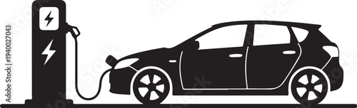 Electric car charging at a public station silhouette graphic