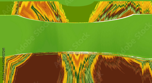 Abstract digital art vector with symmetrical yellow orange brown swirling flame textures, central smooth green band, and surreal motion design