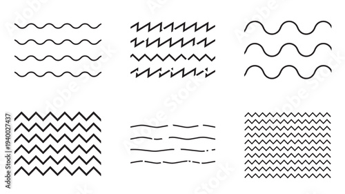 Lines wavy and zigzag patterns in black, representing various textures and movements for graphic design and art applications.