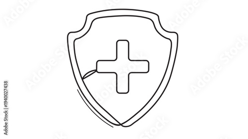 Shield icon with a plus sign inside, representing health and protection in a simple line art style. featuring medical, safety, emblem with symbol and
