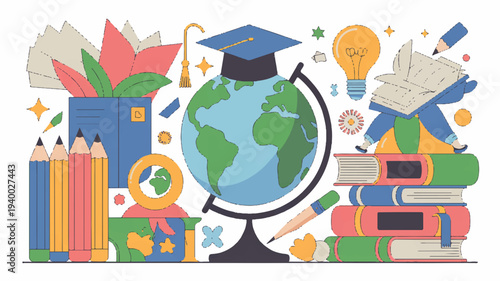 Colorful educational illustration of a globe with graduation cap surrounded by books pencils and learning icons