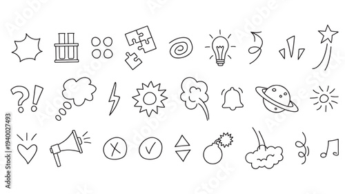 Hand drawn icons featuring speech bubbles, test tubes, puzzle pieces, and various symbols like a lightbulb, star, and musical note.
