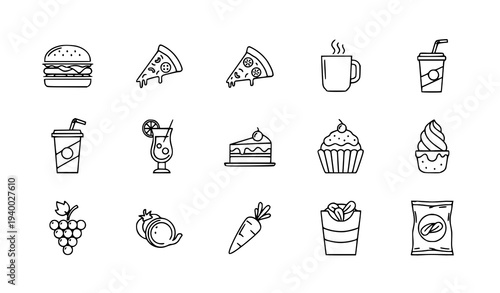 Restaurant food and beverage outline icon set with meal and drink symbols