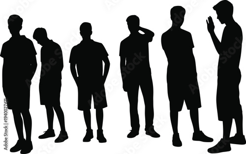 Standing male silhouettes set, young men casual poses, teenage boys character collection, cad drawing flat vector illustration, isolated people figures