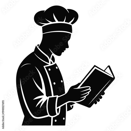 Chef silhouette reading cookbook in profile view wearing toque hat and uniform black and white vector