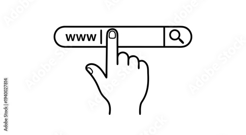 Hand clicking on the www address bar search bar in a simple line art vector illustration, representing internet browsing and online searching on a webpage