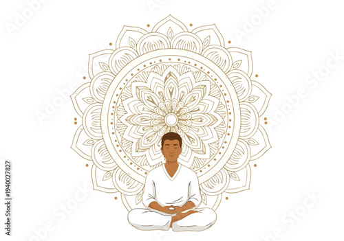 A Zen-like Meditation Vector Illustration Featuring a Person in a Lotus Pose with a Detailed Golden Mandala Background