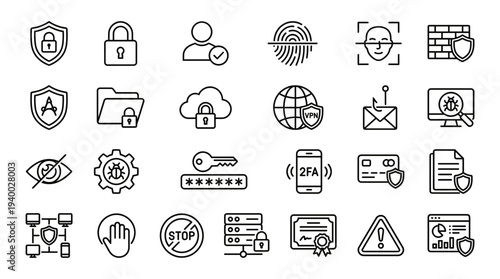 Set of 30 cybersecurity and network outline icons vector, line style symbols for security, password, firewall, cloud, email, warning, server, wifi