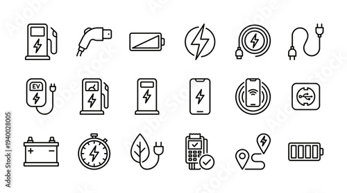 Set of 18 battery and charging line icons vector, including power level, plug, USB, lightning, charger cable, energy, device charge symbols for UI