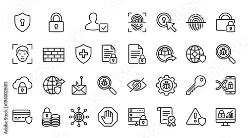 Set of 24 cybersecurity and data protection icons vector, black outline symbols for privacy, firewall, encryption, cloud security, phishing alert, web UI