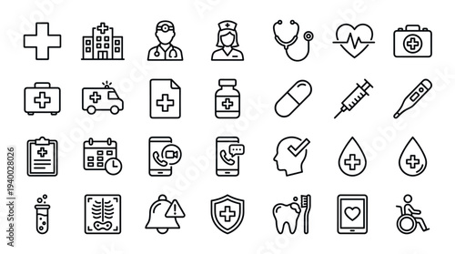 Set of 40 medical and healthcare line icons vector, black outline symbols for hospital, doctor, pharmacy, ambulance, first aid, heart, syringe, dental care