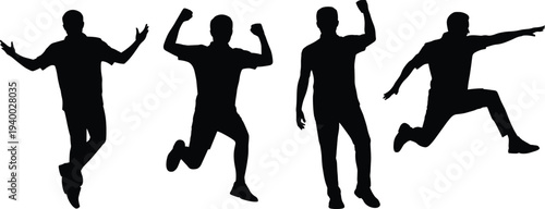 Successful people jumping and celebrating silhouettes set, happy man winning action, flat vector illustration, cad drawing, joyful achievement