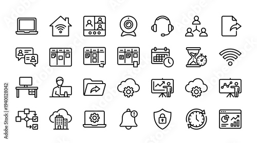 Set of 25 outline interface icons vector with calendar, cloud, settings, user, headset, location pin, wifi, chat, folder, bell, lock, clock for web UI