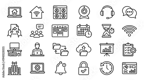 Set of 30 smart home and business line icons vector, black outline security, automation, support, wifi, calendar, laptop, video, phone, chat symbols