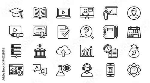 Set of 25 education and business line icons vector, black outline symbols for e-learning, training, finance, support, analytics, web and app UI
