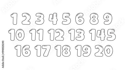 Numbers one to twenty depicted in a rounded, bubble-like outline style suitable for educational materials or design projects.