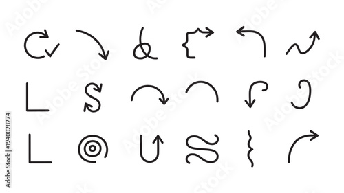 Arrows various styles and shapes with black lines on white background, set of graphic elements for design
