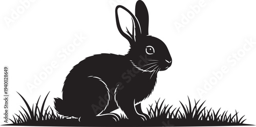 Black silhouette of a rabbit in the grass landscape