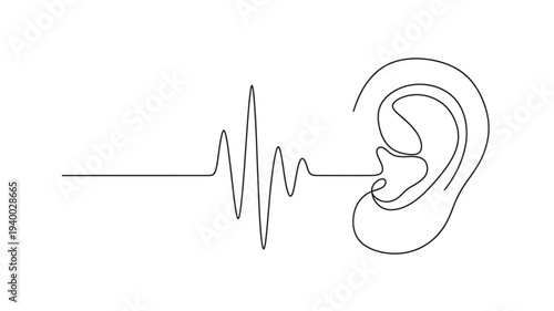 Ear auditory perception of sound waves represented by a continuous black line on a white background, illustrating the concept of hearing.