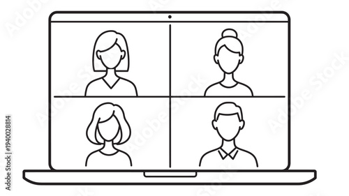 Laptop screen with four people in a video call grid, representing online communication and remote collaboration.