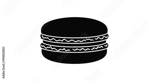 A simple black silhouette of a stacked french macaron dessert with visible layers showcasing a clean design silhouette