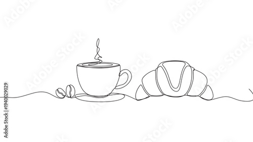 Coffee cup with steam and croissant with coffee beans, minimalistic line art drawing on white background.