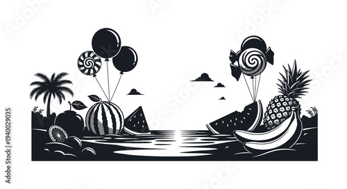 A tropical beach scene with fruit balloons and palm trees rendered as a striking black silhouette high quality