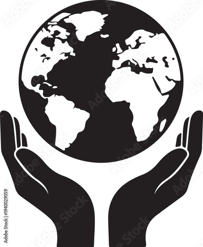 Hands holding the Earth globe in black and white