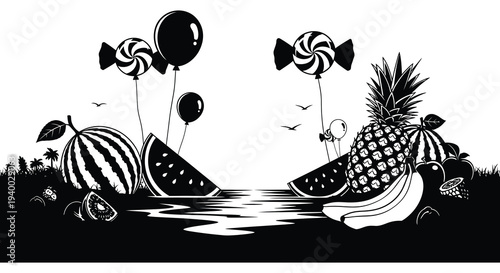 A vibrant black and white still life featuring fruits candies balloons and a tropical landscape silhouette high quality professional detailed