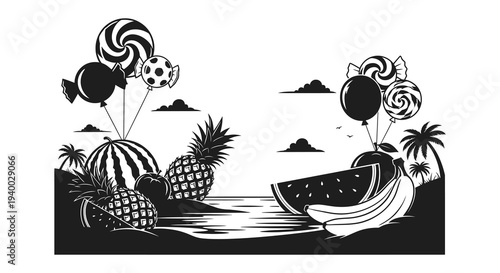 A tropical beach scene featuring various sweets fruits and palm trees in a striking silhouette high quality professional