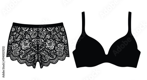 A black lace bra and matching high waisted shorts are displayed against a white backdrop a striking silhouette