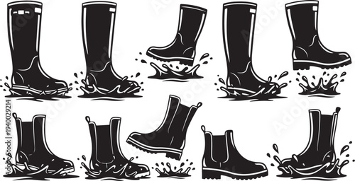 Black rubber boots in various positions with water splashes