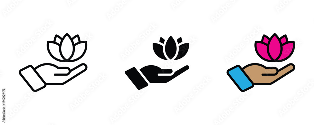 Fototapeta premium Lotus flower in hand icon set. Meditation, wellness, and spirituality symbol. Vector Illustration.