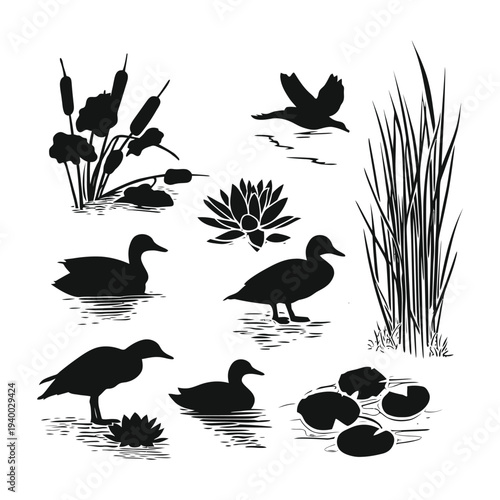 Black Silhouette Duck Pond Wildlife Set – Vector Icons of Ducks, Birds, Reeds, Lotus and Water Lilies
