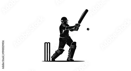 A dynamic depiction of a cricket batsman in mid swing preparing to hit a fast moving ball silhouette