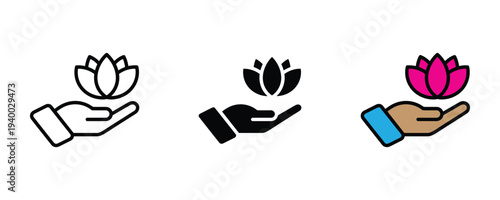 Lotus flower in hand icon set. Meditation, wellness, and spirituality symbol. Vector Illustration.