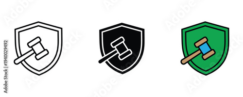 Legal protection and justice system icon set. Judge gavel with security shield symbol. Vector Illustration.