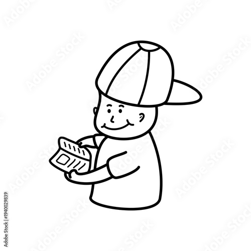 Cute boy cartoon character reading a book, wearing a backward cap, simple outline child illustration, adorable student mascot design for education worksheet and school learning material
