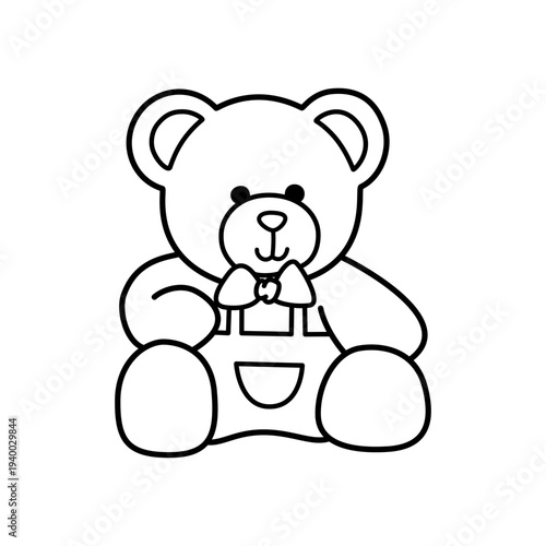 Cute teddy bear cartoon character wearing overalls sitting, simple outline stuffed toy illustration for baby shower theme, greeting card, children's poster, and playroom art