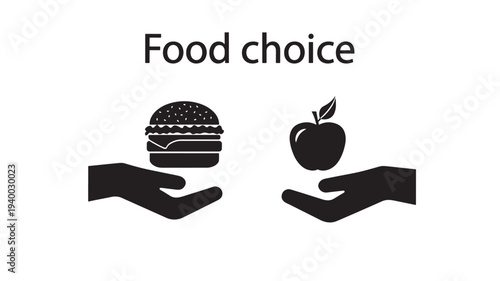 Hands offer hamburger and apple symbolizing the food choice between unhealthy and healthy options on a white background.