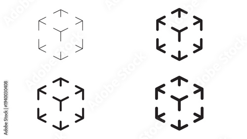 Cube outline icon with arrows pointing in and out from each side in four different styles featuring inbound, outbound, direction with symbol and