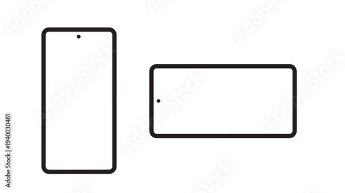 Smartphone icons shown in portrait and landscape orientations with a small dot indicating the front camera lens in the corner.