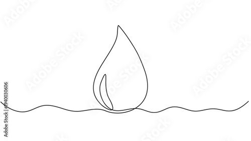 Water drop icon with wavy lines below, representing a liquid droplet in minimal abstract art style. featuring symbol, simple, line drawing with